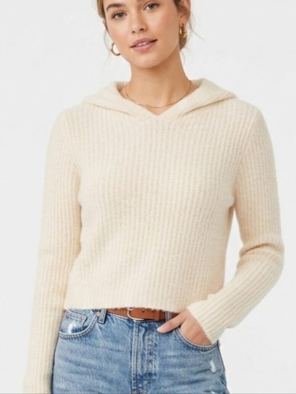 Fornia Hooded Cropped Sweater Cream Size Small New With Tags